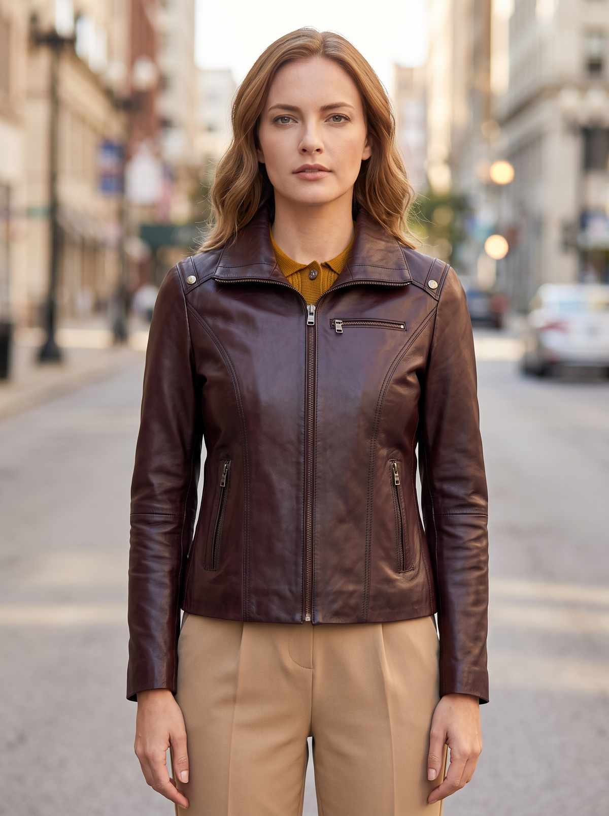 Aria Brown Slim Fit Leather Jacket For Women