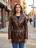 Athena Women Brown Leather Coat