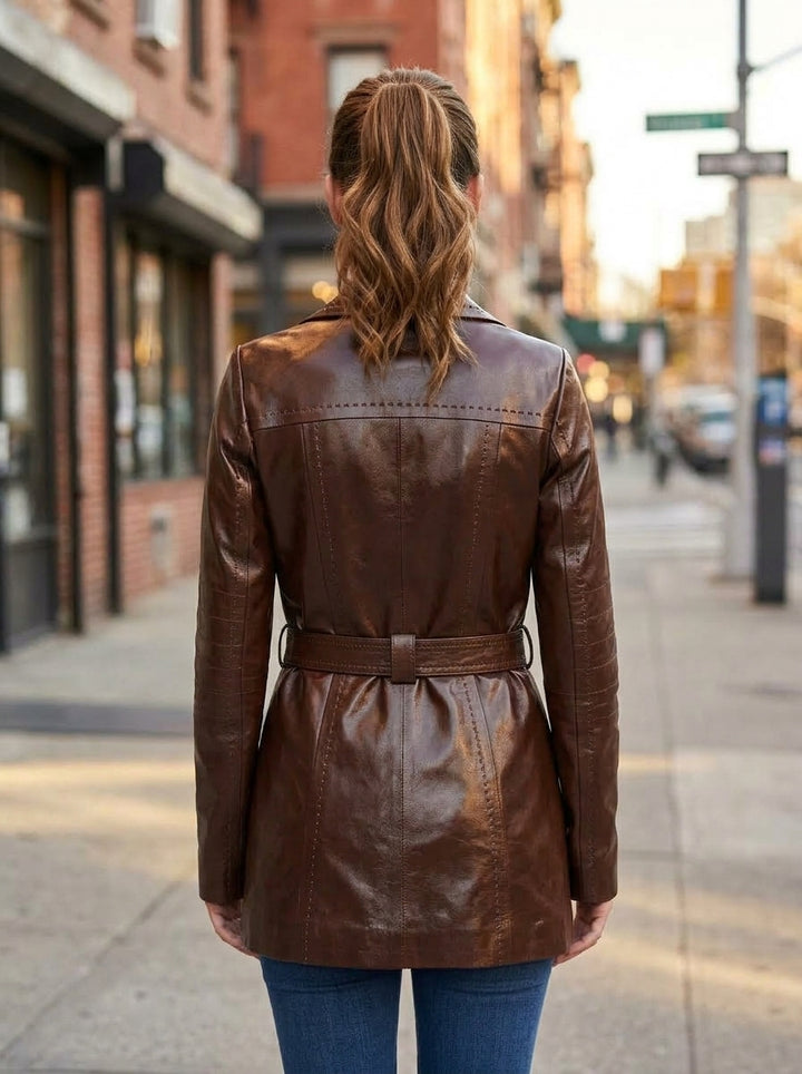 Athena Women Brown Leather Coat