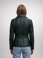 Audrey Green Stylish Leather Jacket With Center Belt For Women