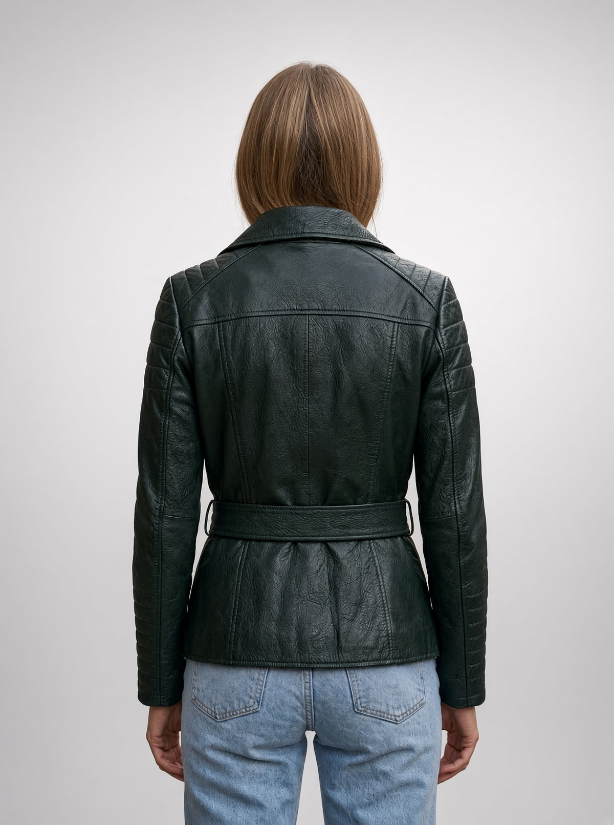 Audrey Green Stylish Leather Jacket With Center Belt For Women