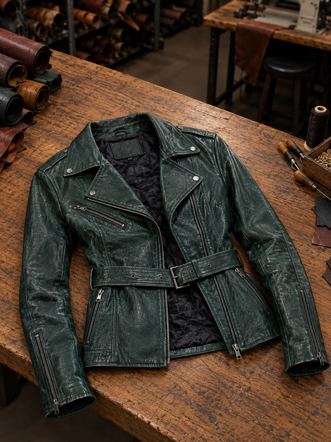 Audrey Green Stylish Leather Jacket With Center Belt For Women