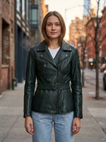 Audrey Green Stylish Leather Jacket With Center Belt For Women
