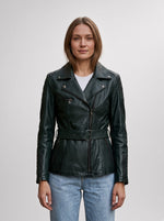 Audrey Green Stylish Leather Jacket With Center Belt For Women