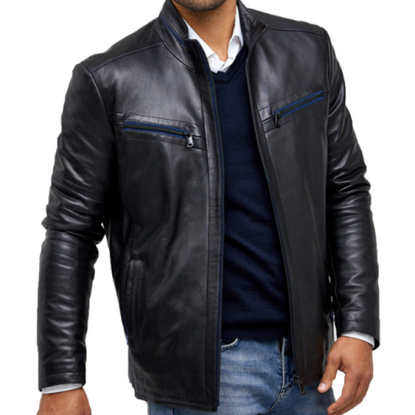 Austin Blue Black Men Sheepskin Leather Jacket