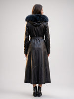 Autumn Black Fur Hood Long Leather Coat For Women