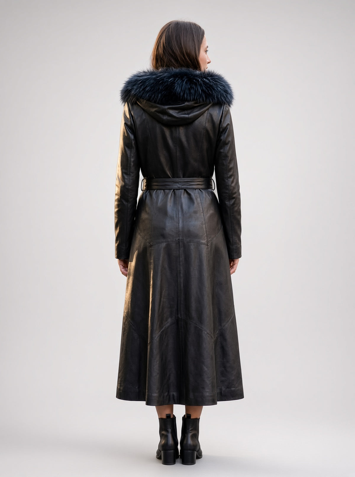 Autumn Black Fur Hood Long Leather Coat For Women