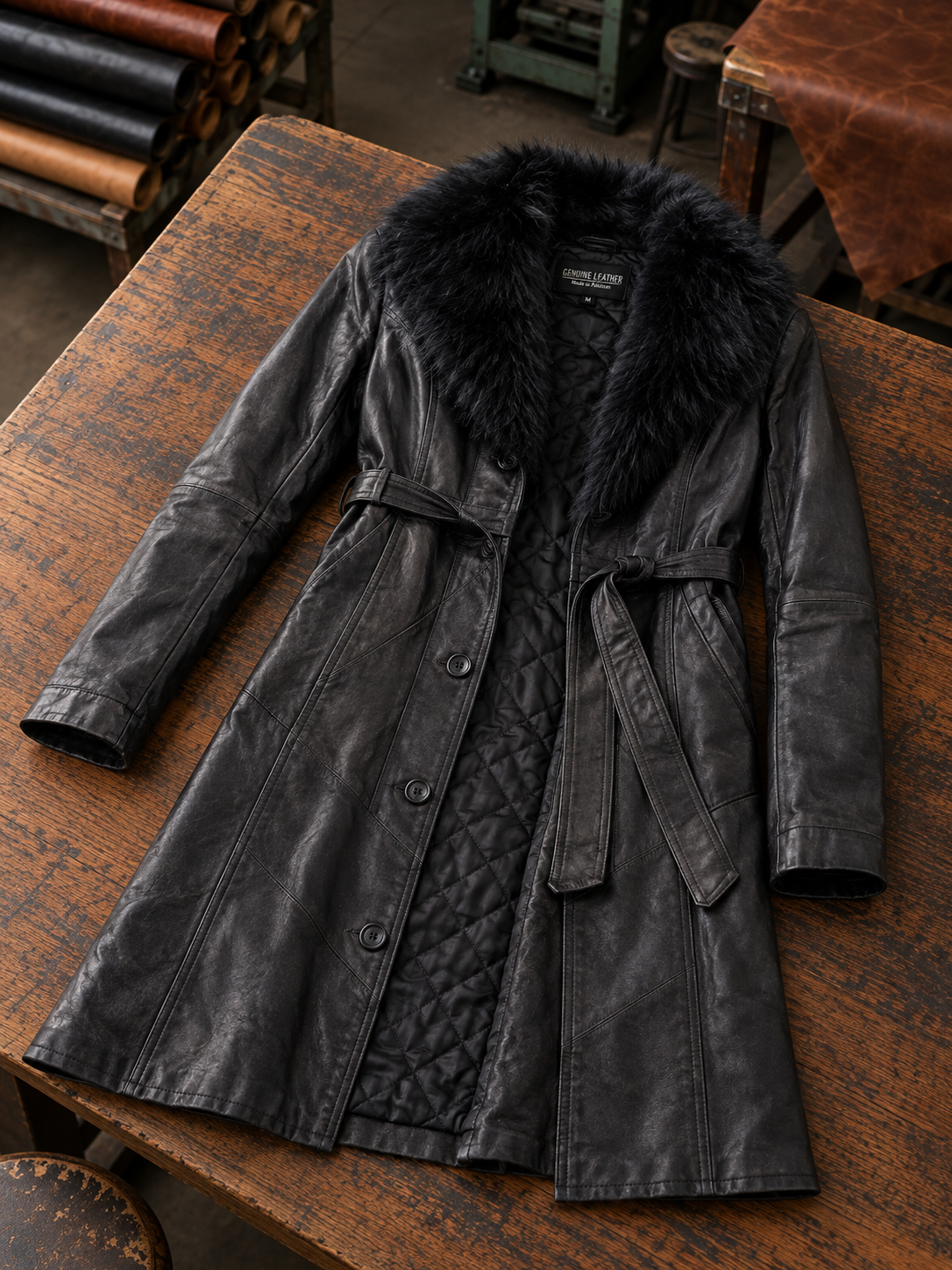 Autumn Black Fur Hood Long Leather Coat For Women