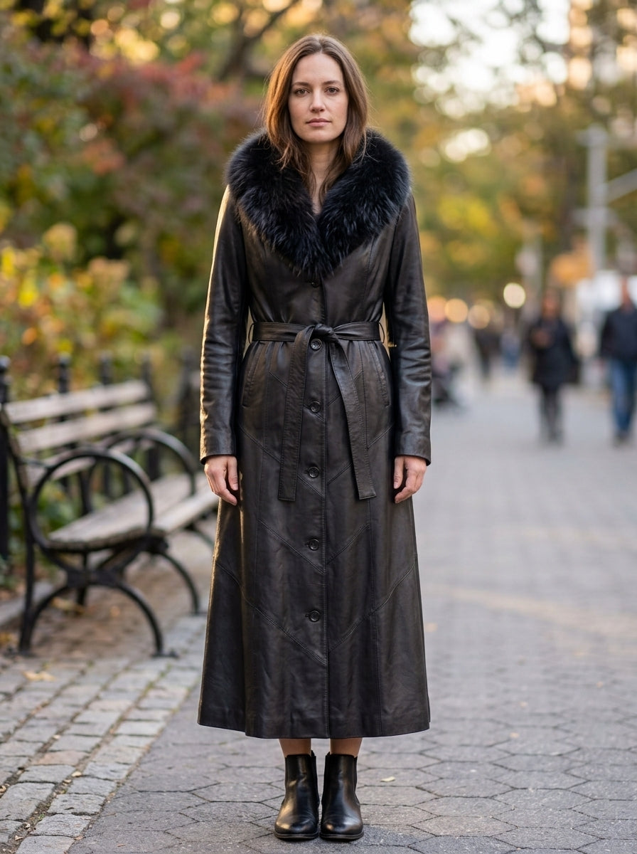 Autumn Black Fur Hood Long Leather Coat For Women