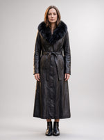Autumn Black Fur Hood Long Leather Coat For Women