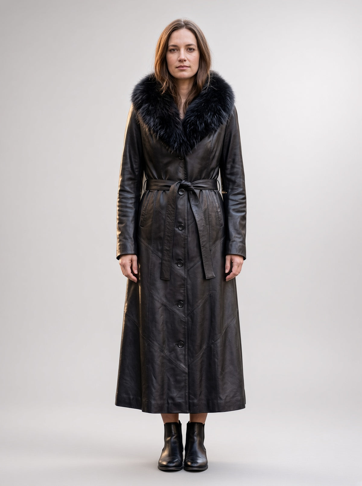 Autumn Black Fur Hood Long Leather Coat For Women