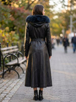Autumn Black Fur Hood Long Leather Coat For Women