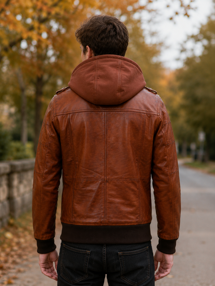 Averon Cognac Brown Hooded Leather Jacket