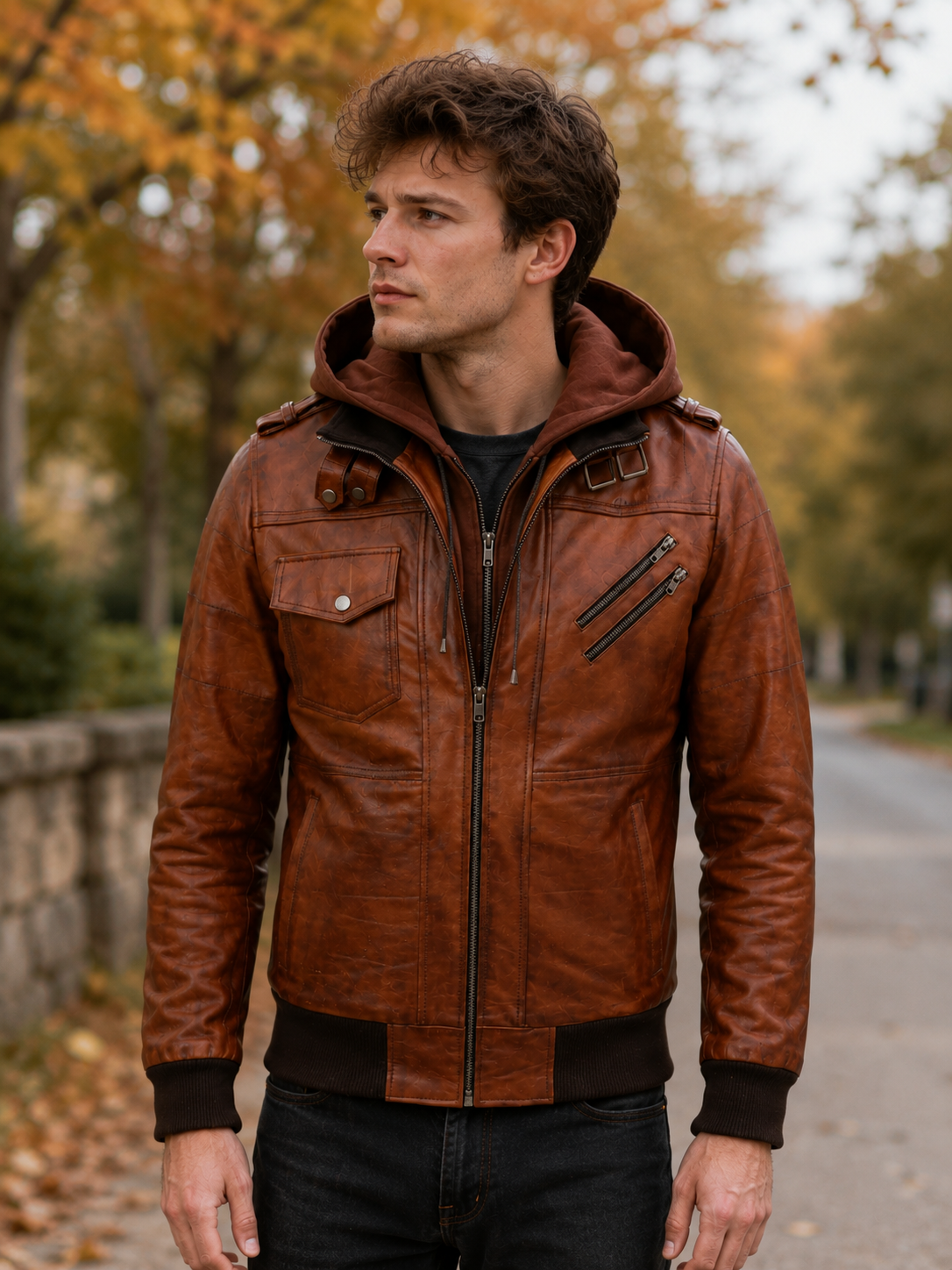 Averon Cognac Brown Hooded Leather Jacket