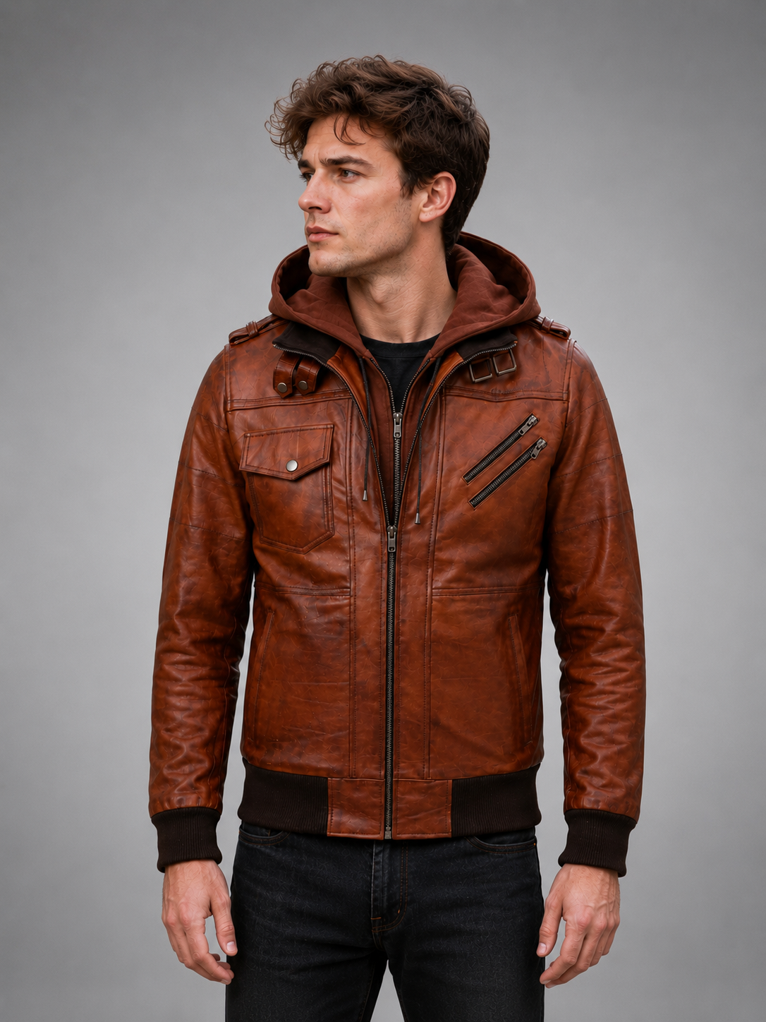 Averon Cognac Brown Hooded Leather Jacket