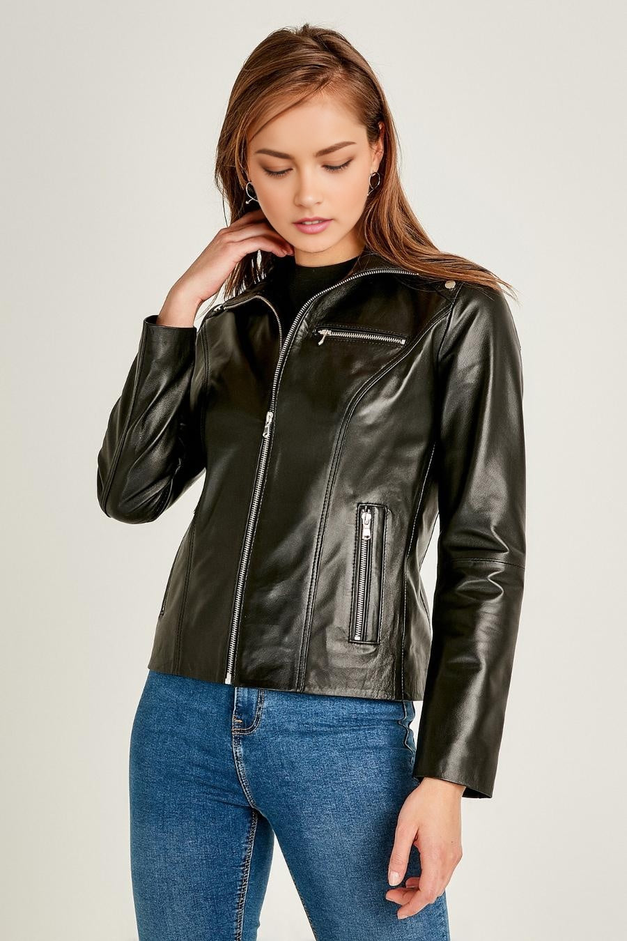 Patricia Stylish Collar Black Leather Jacket For Women