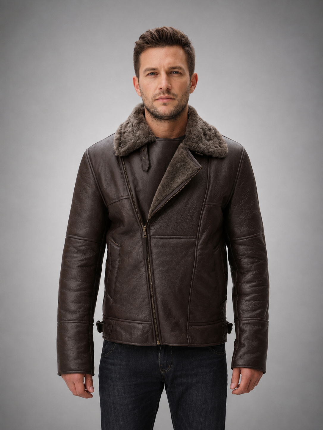 B3 Bomber Brown Real Shearling Leather Jacket for Men