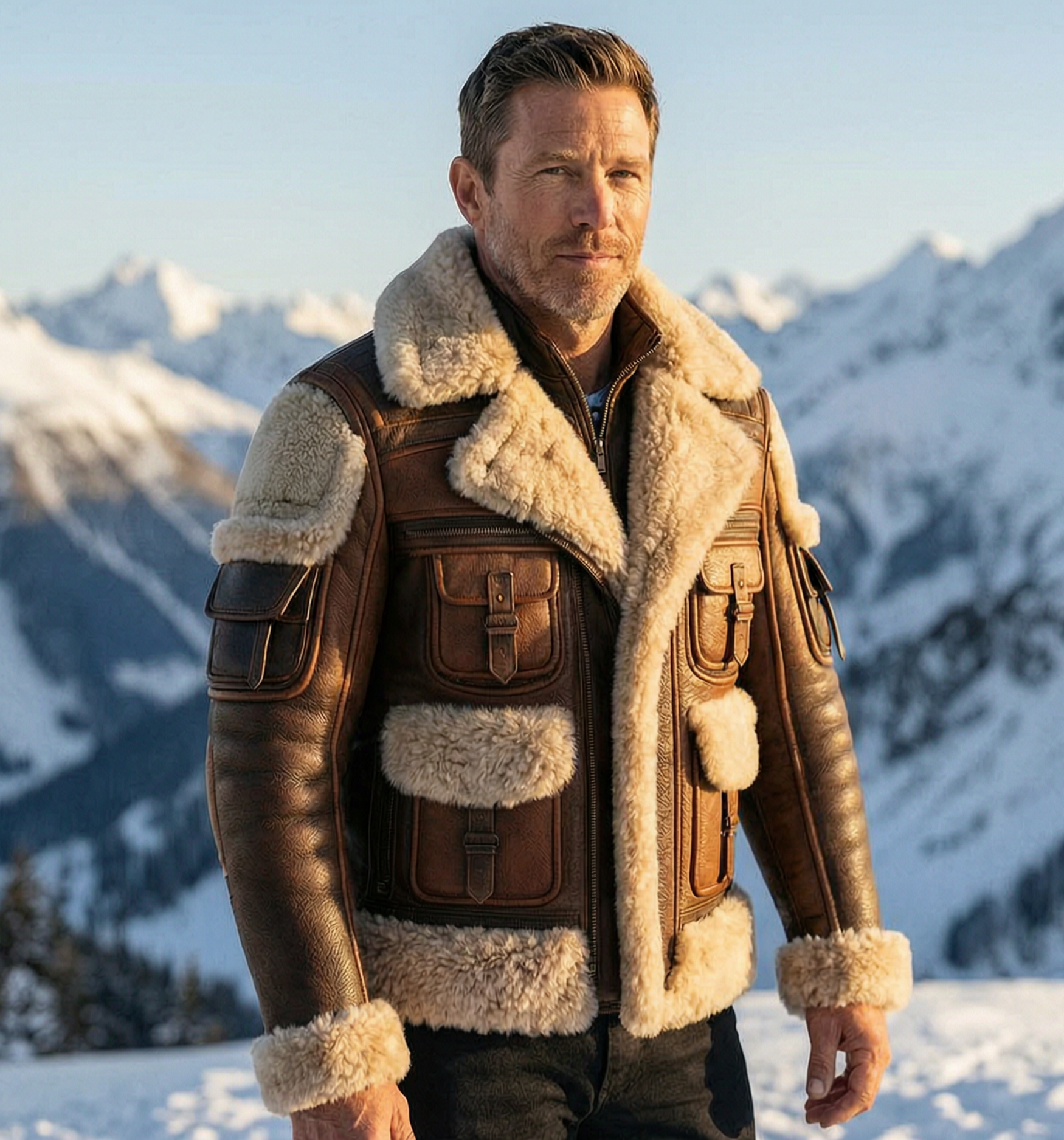 B3 Brown SheepSkin Fur Shearling Leather Jacket For Men