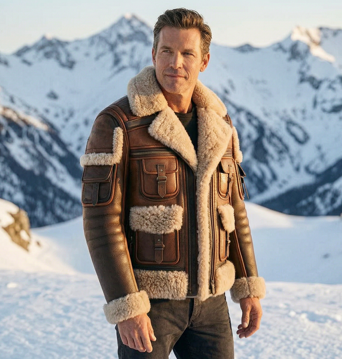 B3 Brown SheepSkin Fur Shearling Leather Jacket For Men