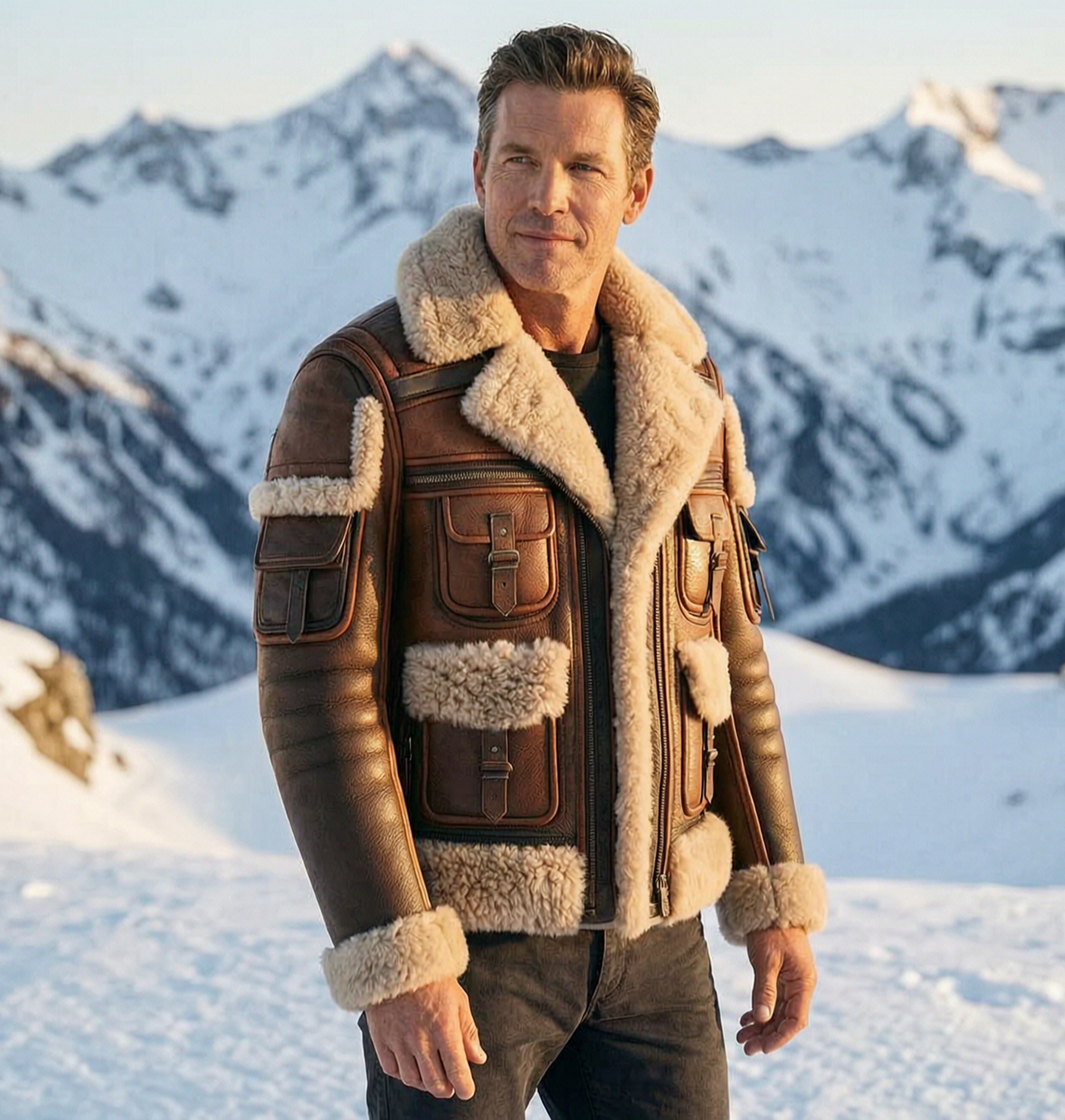 B3 Brown SheepSkin Fur Shearling Leather Jacket For Men