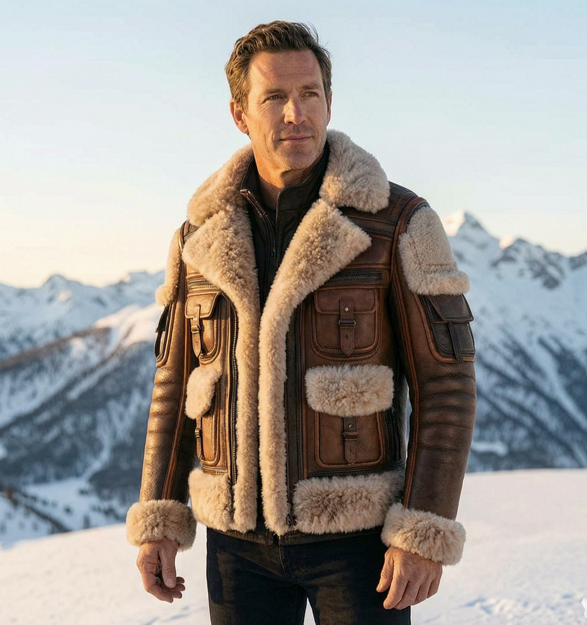 B3 Brown SheepSkin Fur Shearling Leather Jacket For Men