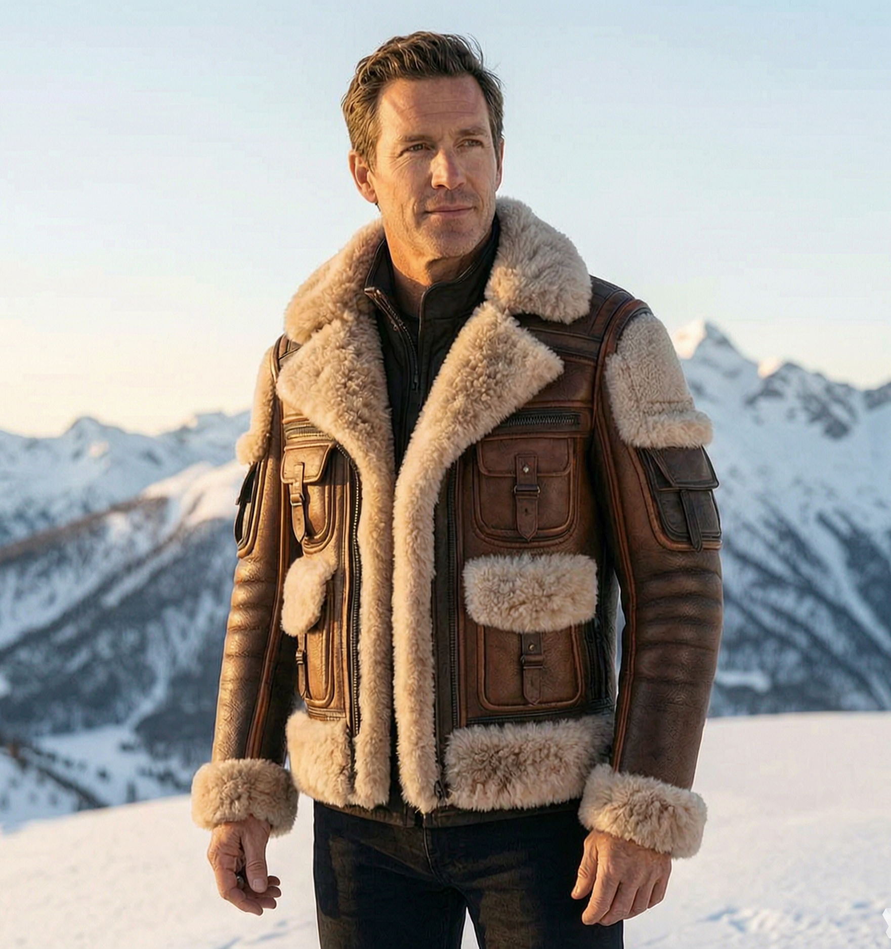 B3 Brown SheepSkin Fur Shearling Leather Jacket For Men
