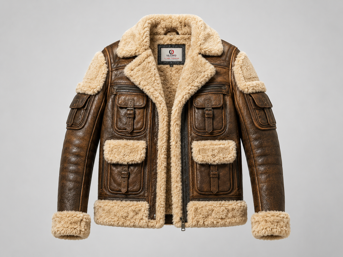 B3 Brown SheepSkin Fur Shearling Leather Jacket For Men