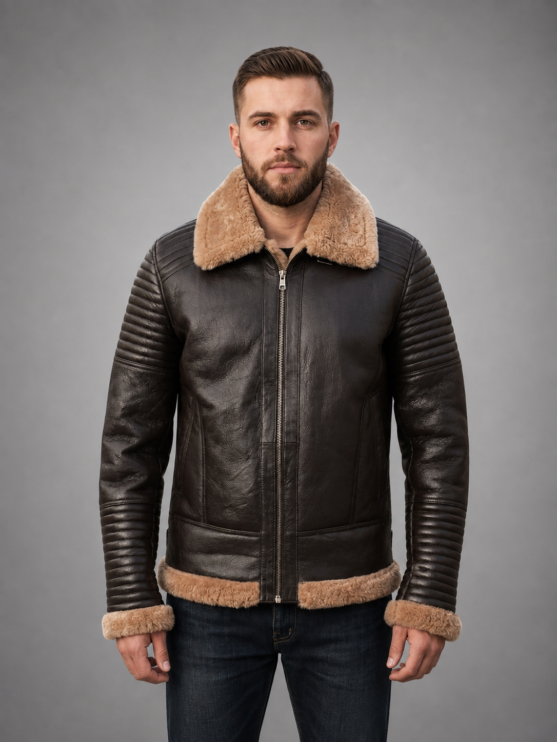 B3 Bomber Quilted Brown Real Shearling Leather Jacket for Men