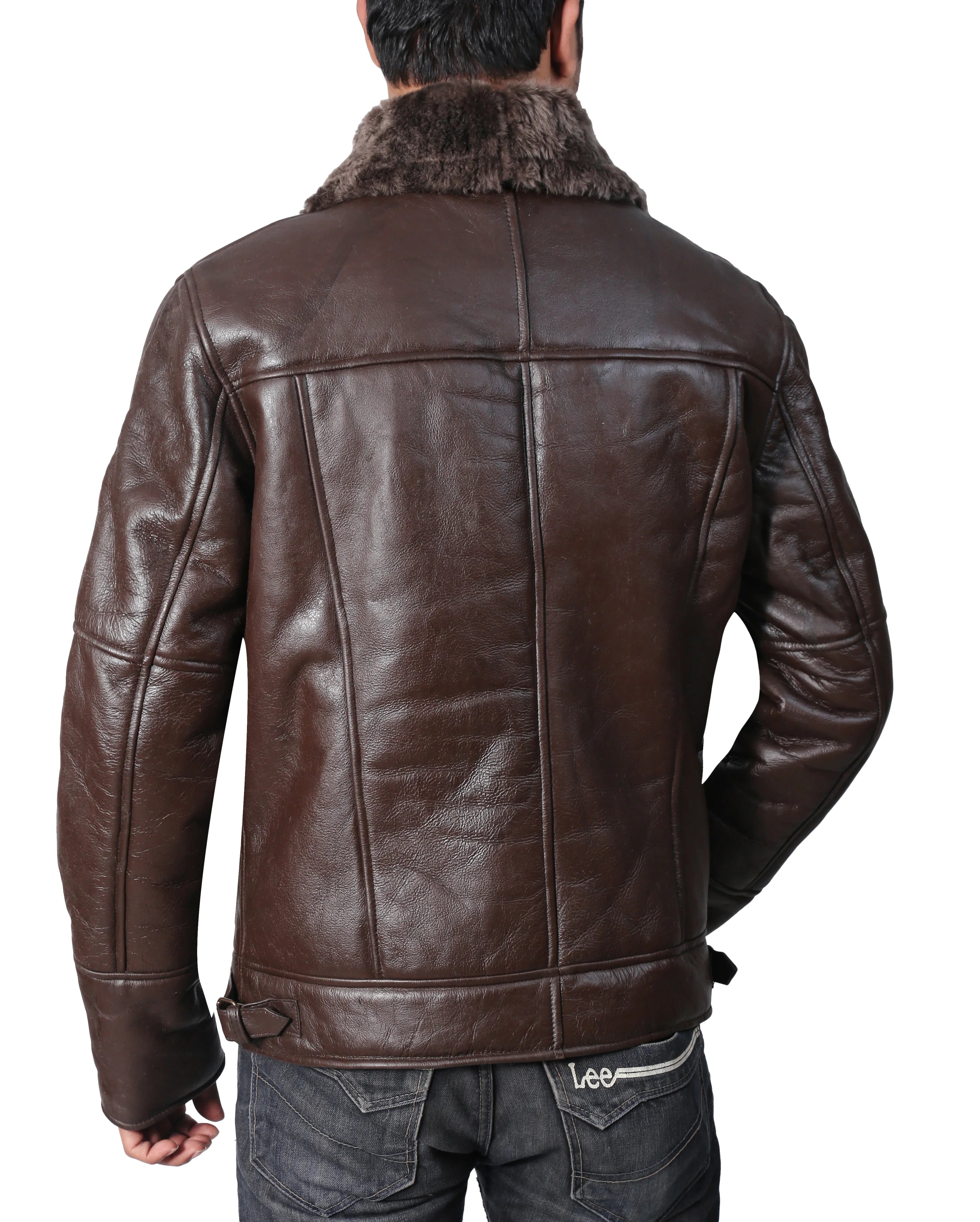 Back view of dark brown distressed leather bomber jacket with faux fur collar