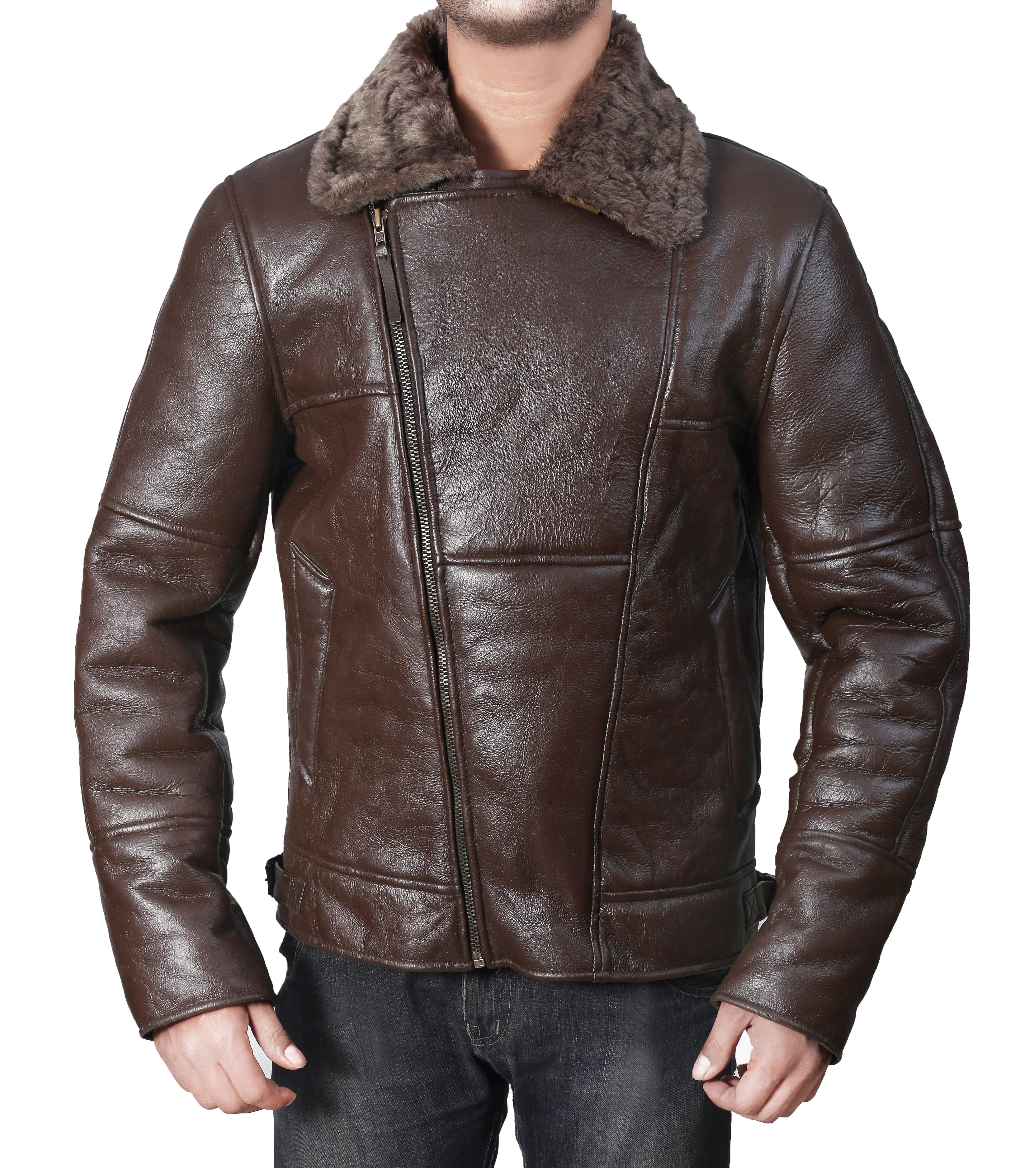 Men's dark brown distressed leather bomber jacket with shearling collar