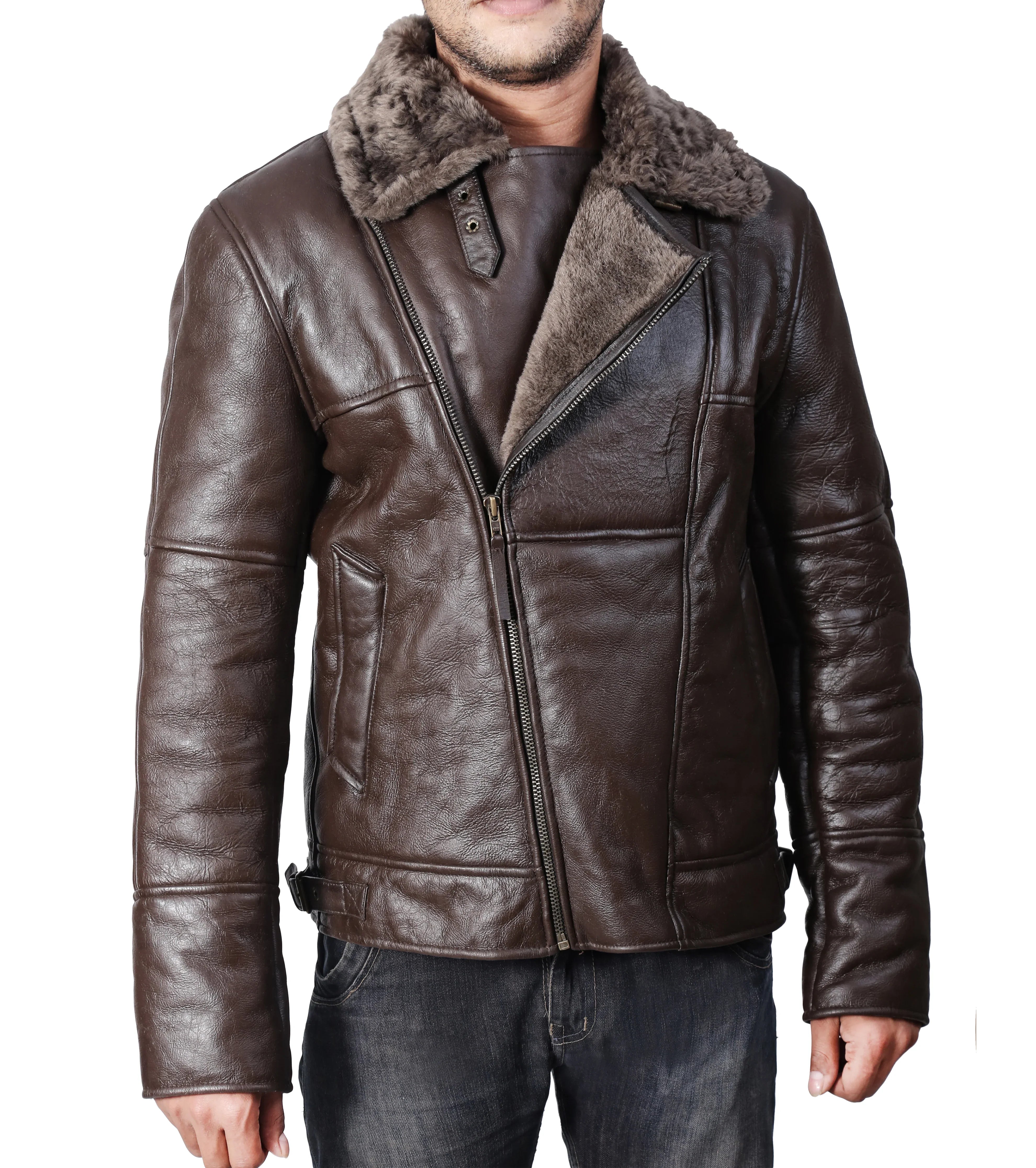 Dark brown distressed leather bomber jacket with shearling collar, front zipper, worn by model