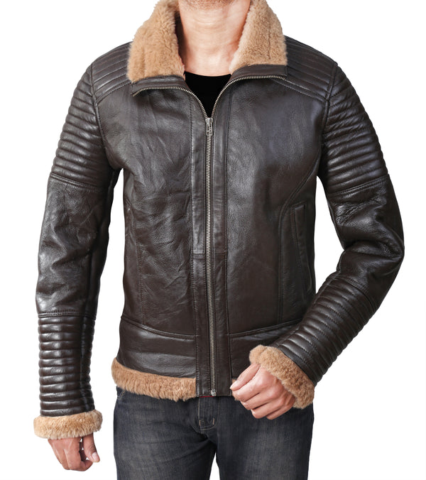 B3 Bomber Quilted Brown Real Shearling Leather Jacket for Men
