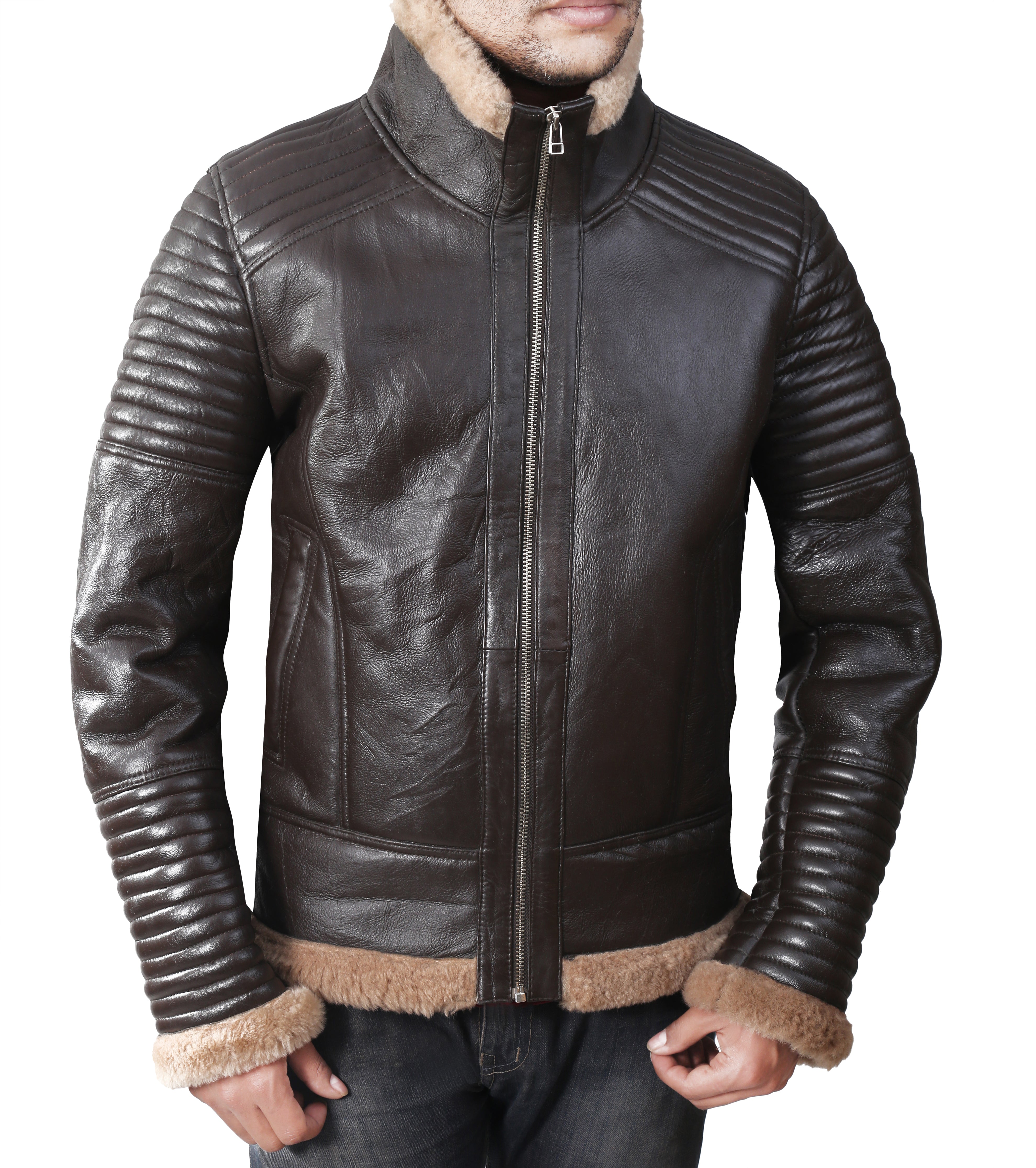 B3 Bomber Quilted Brown Real Shearling Leather Jacket for Men