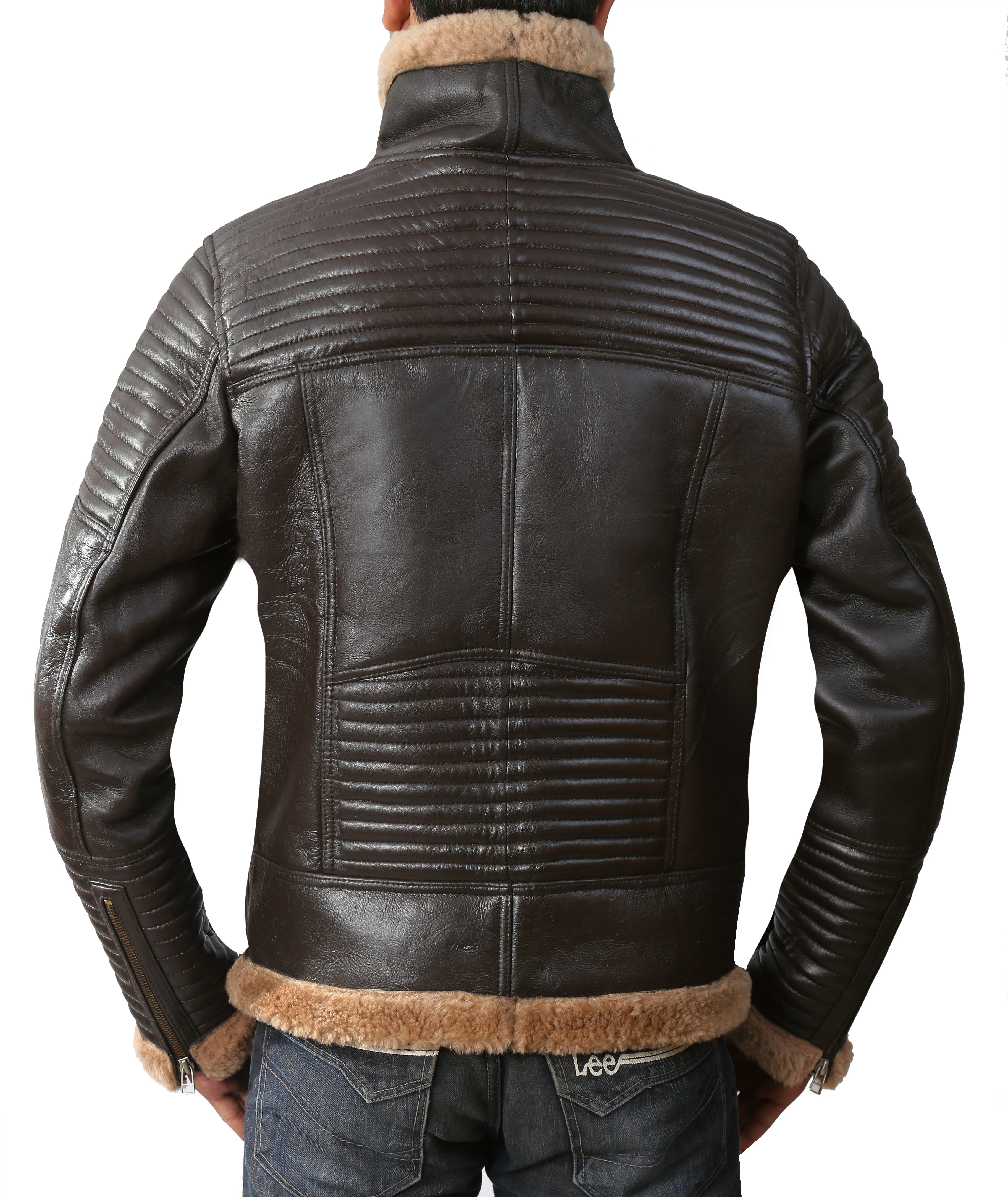 B3 Bomber Quilted Brown Real Shearling Leather Jacket for Men