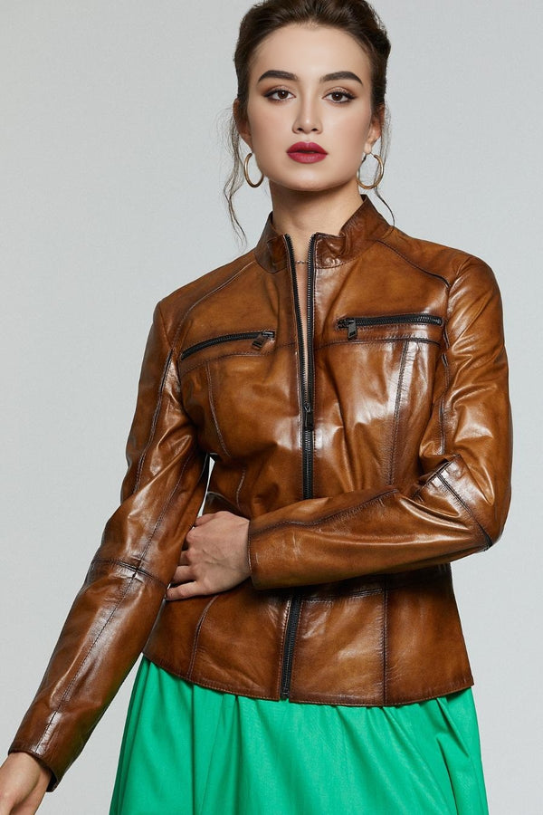 Women Amber Cafe Rccer Brown Leather Jacket