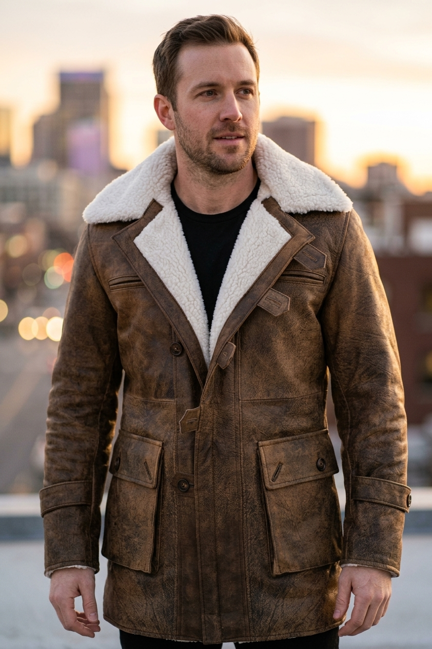 Bane Light Brown Fur Leather Jacket For Men