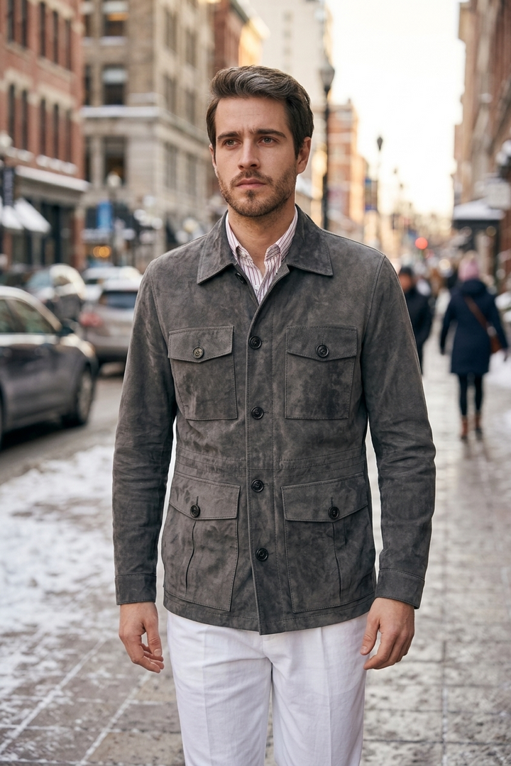 Banocci Suede Grey Stylish Leather Jacket For Men
