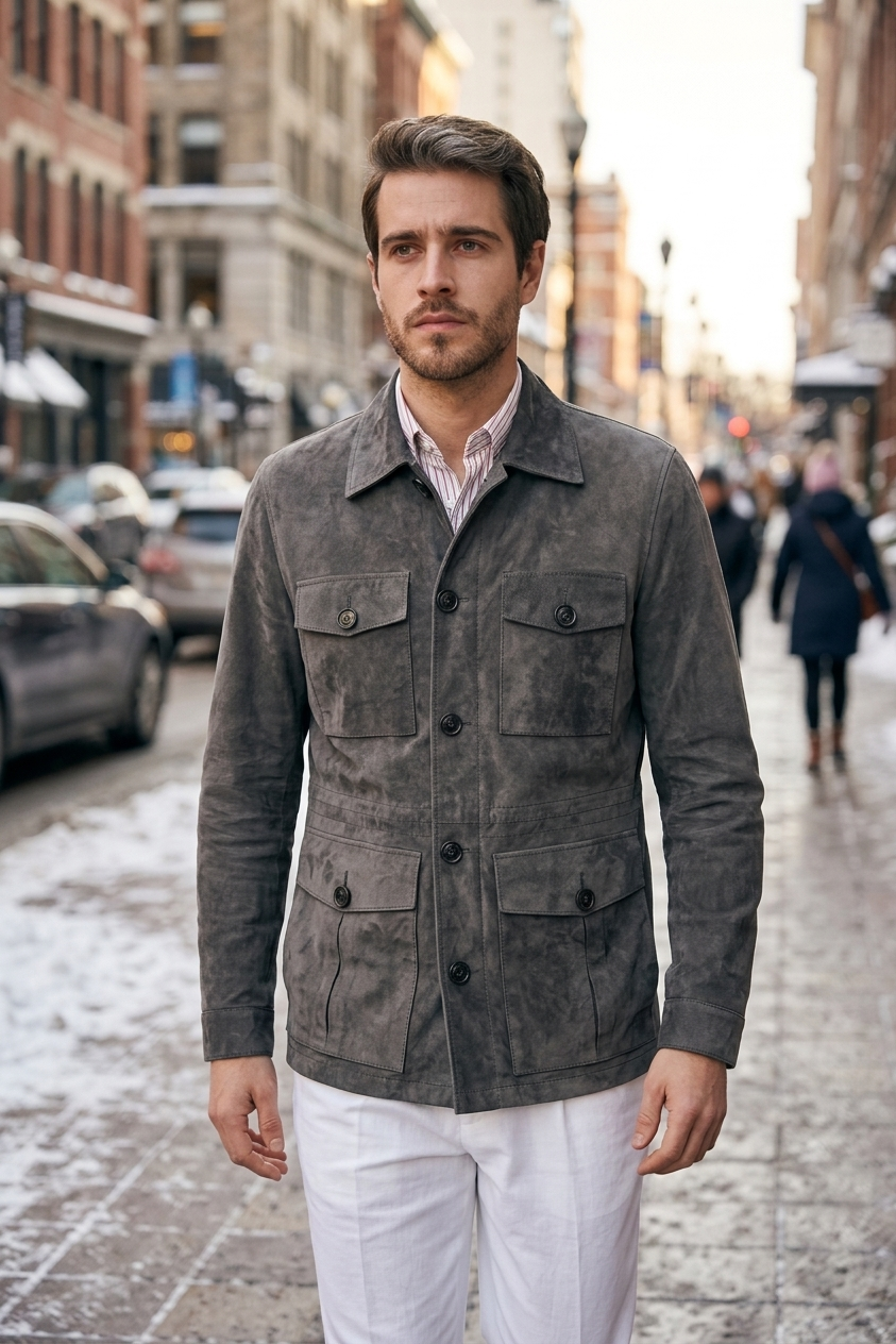 Banocci Suede Grey Stylish Leather Jacket For Men