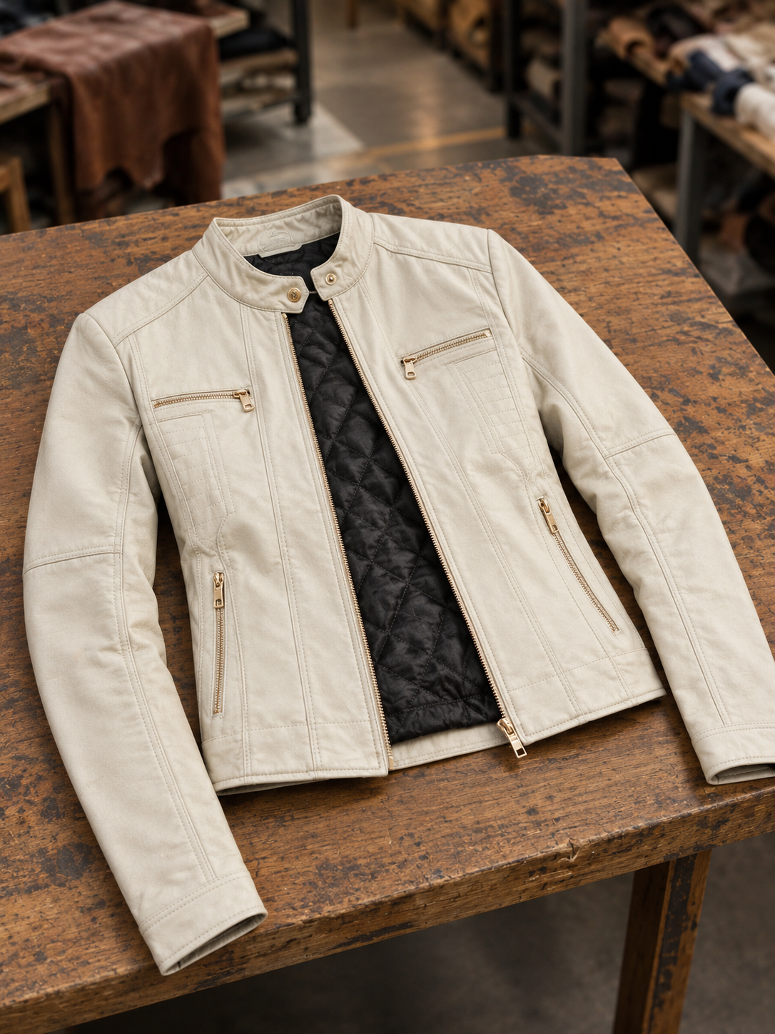 Marlyn Beige Short Leather Jacket For Women