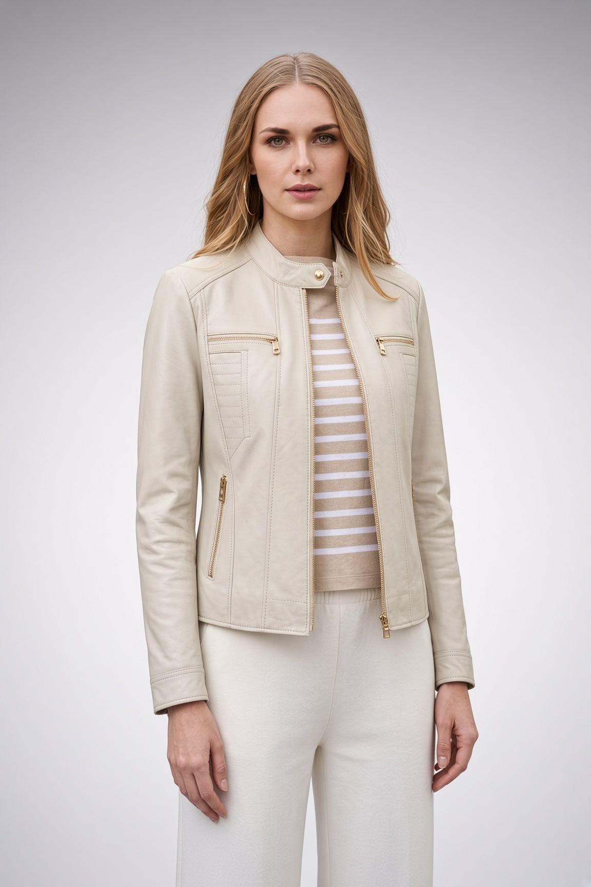 Marlyn Beige Short Leather Jacket For Women