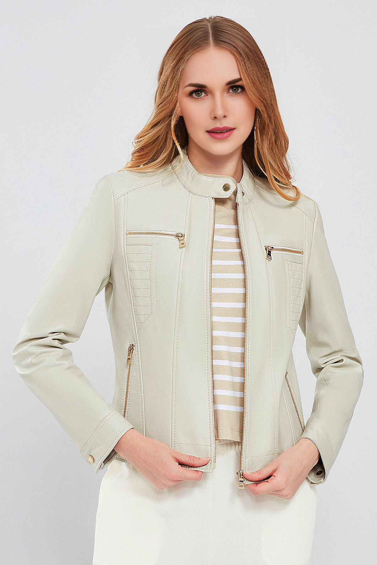 Beige Short Leather Jacket For Women