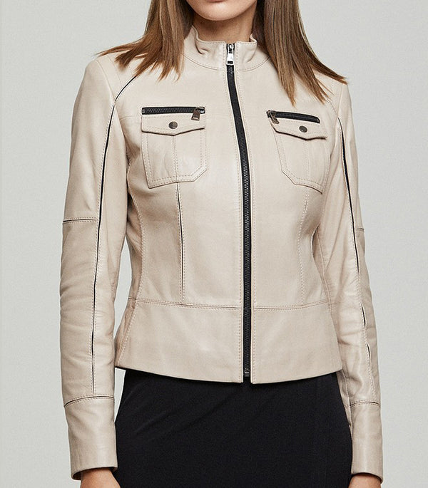 Hannah Beige Leather Jacket For Women