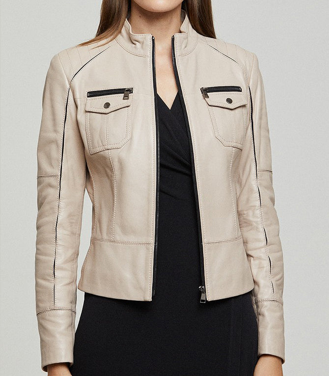 Hannah Beige Leather Jacket For Women