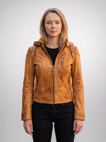 Belinda Orange Hoody Leather Jacket For Women