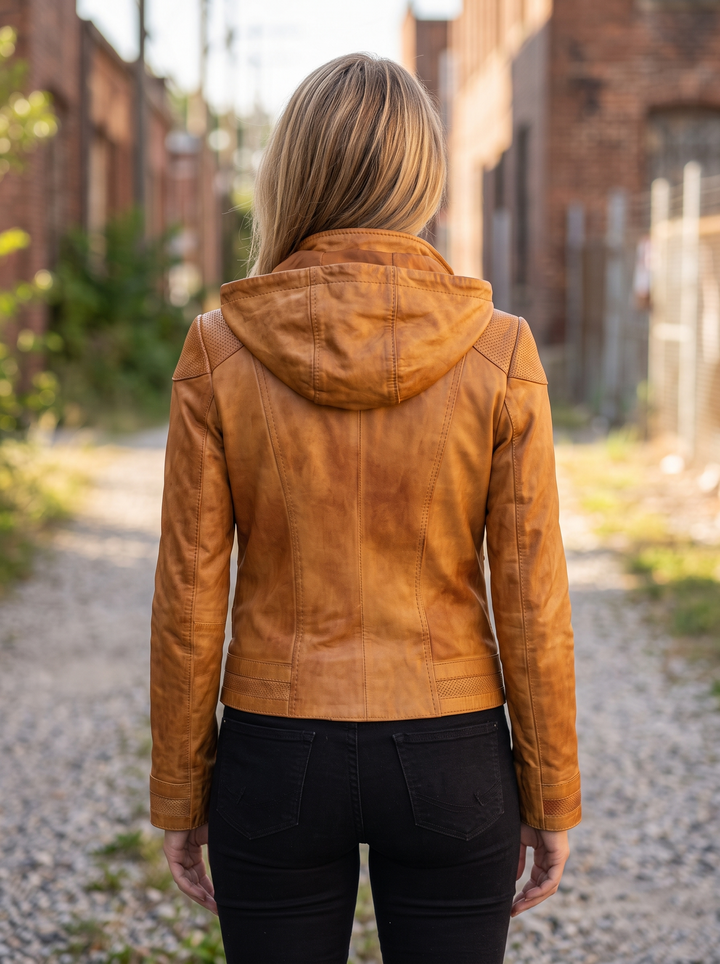 Belinda Orange Hoody Leather Jacket For Women