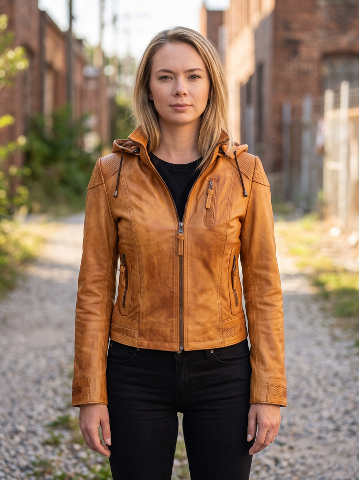 Belinda Orange Hoody Leather Jacket For Women