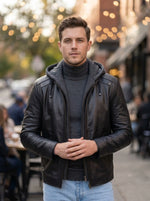 Benjamin Black Hoodie Leather Jacket For Men