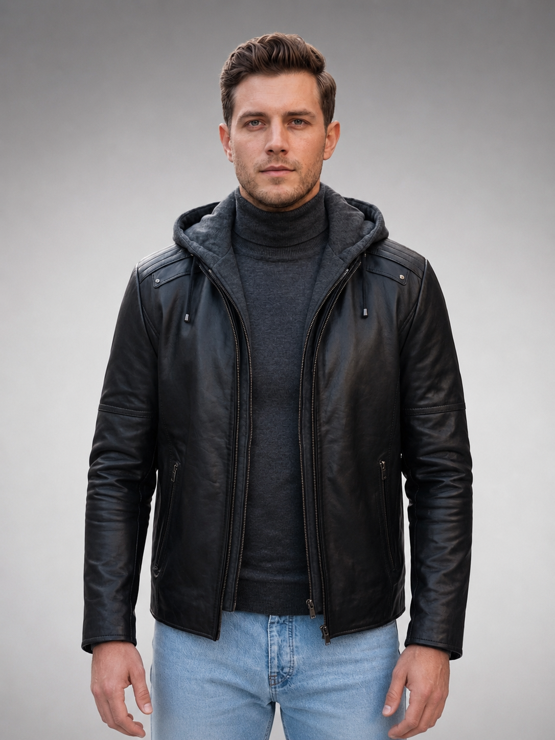 Benjamin Black Hoodie Leather Jacket For Men