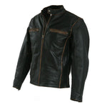Distressed black leather biker jacket with vintage faded seams and zipper pockets