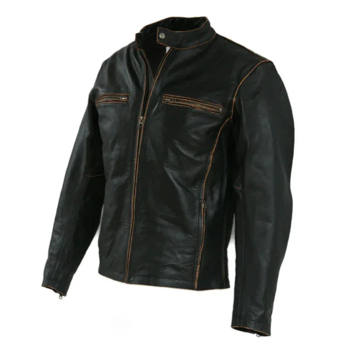 Distressed black leather biker jacket with vintage faded seams and zipper pockets